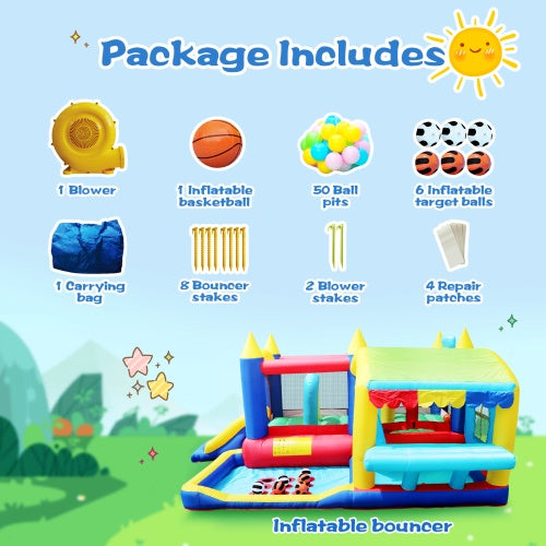 7-in-1 Inflatable Bounce House, Bouncy House With Ball Pit For Kids