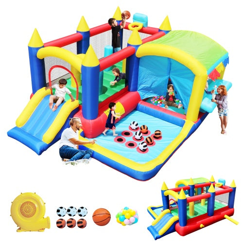 7-in-1 Inflatable Bounce House, Bouncy House With Ball Pit For Kids